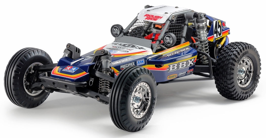 This is an image of the New Tamiya BBX Radio Control Buggy with pop up descriptions of the chassis. It has retro styling but is on a Brand New Chassis. Now available to purchase at Slick-Shifts.