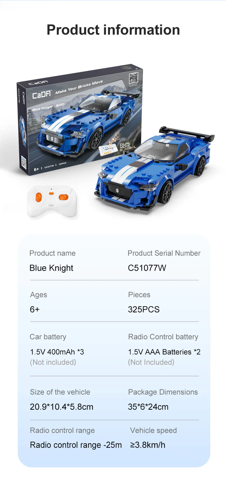 CaDA Blue Knight Sports Car - RC Dual Mode Control - 1:20 325 Pieces Brick Model Kit C51077W