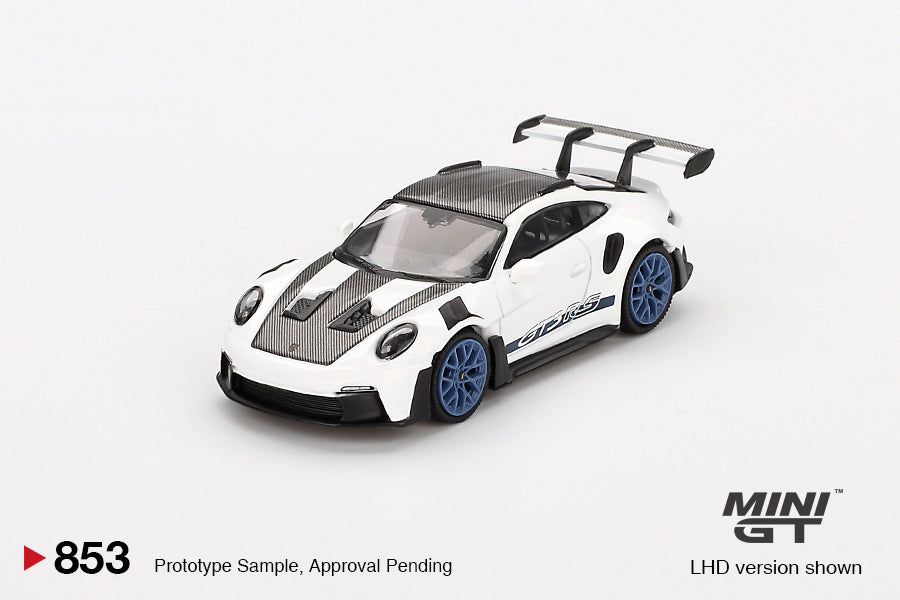 Mini GT Porsche 911 (992) GT3 RS Weissach Package White with Indigo RHD 1:64 - MGT00853-R