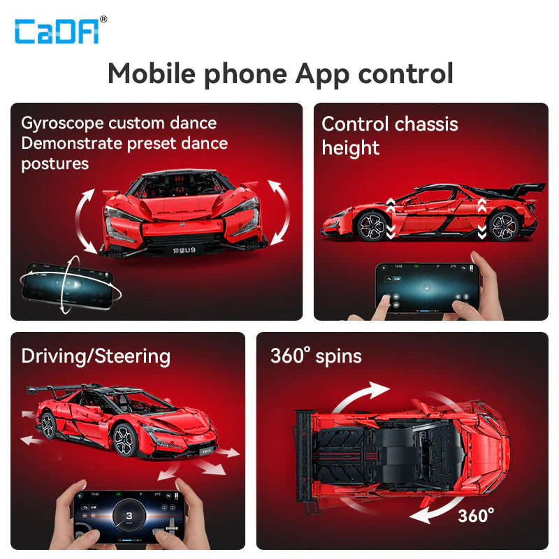 CaDA BYD Yangwang U9 Electric Super Coupé 1:8 3671 Pieces Brick Model Kit C64011W
