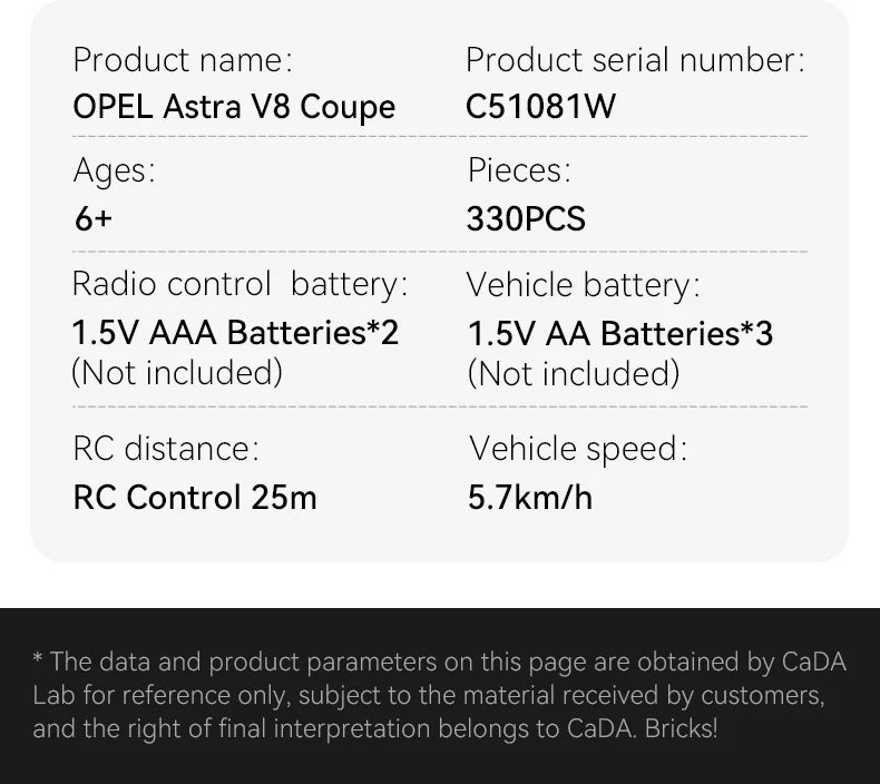 CaDA Opel Astra V8 Coupe - RC Dual Mode Control - 1:20 330 Pieces Brick Model Kit C51081W