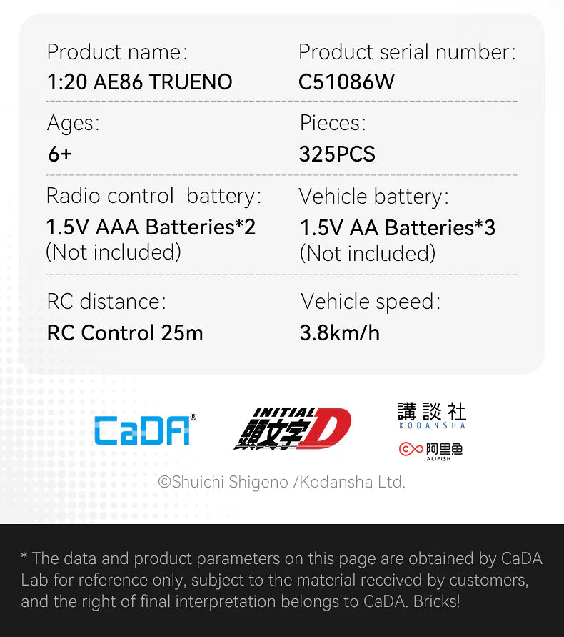 CaDA Initial D 1:20 Toyota AE86 Trueno 325 Pieces Brick Model Kit C51086W