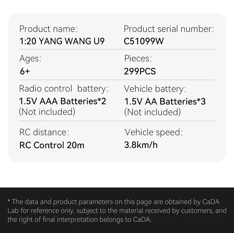 CaDA BYD Yangwang U9 Electric Super Coupé - RC Dual Mode Control - 1:20 299 Pieces Brick Model Kit C51099W