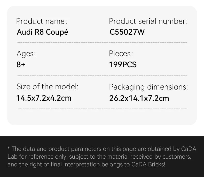 CaDA Audi R8 Coupe 1:24 199 Pieces Brick Model Kit C55027W