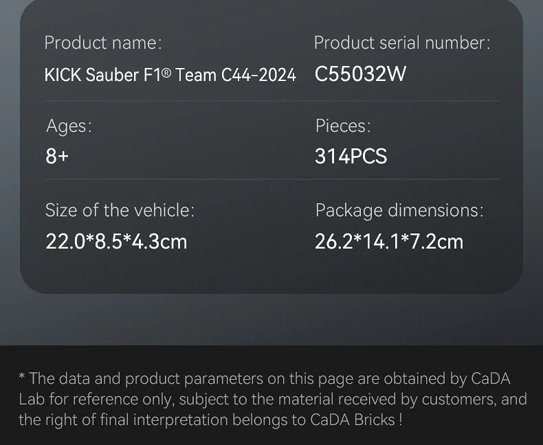 CaDA Kick Sauber F1 Team C44 (2024) 1:24 314 Pieces Brick Model Kit C55032W