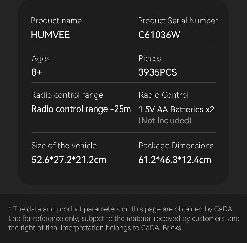 CaDA Humvee 1:8 3935 Pieces Brick Model Kit C61036W