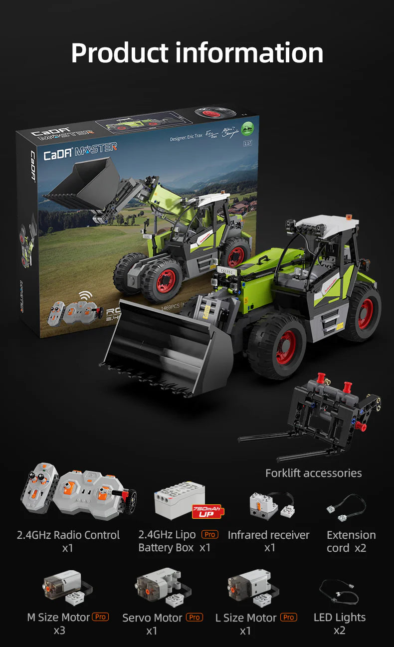 CaDA Master Telehandler Loader - Multi Function RC Control -  1:17 1469 Pieces Brick Model Kit C61051W