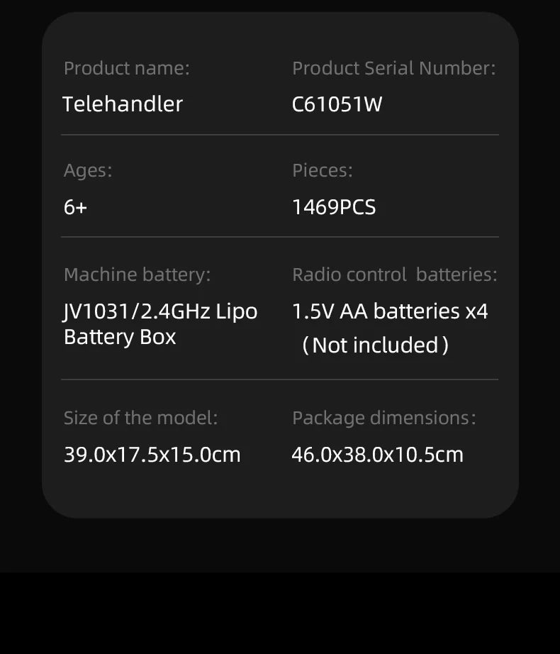 CaDA Master Telehandler Loader - Multi Function RC Control -  1:17 1469 Pieces Brick Model Kit C61051W