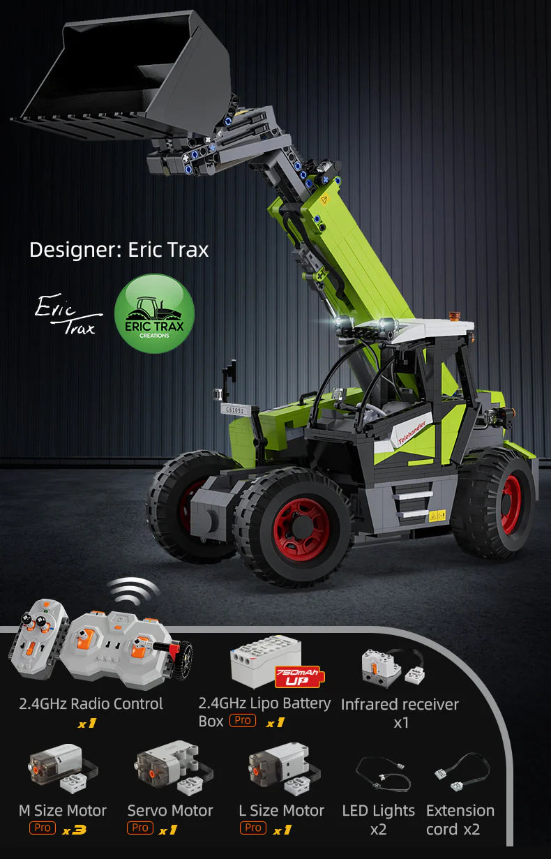 CaDA Master Telehandler Loader - Multi Function RC Control -  1:17 1469 Pieces Brick Model Kit C61051W