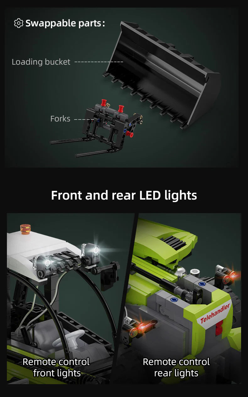 CaDA Master Telehandler Loader - Multi Function RC Control -  1:17 1469 Pieces Brick Model Kit C61051W