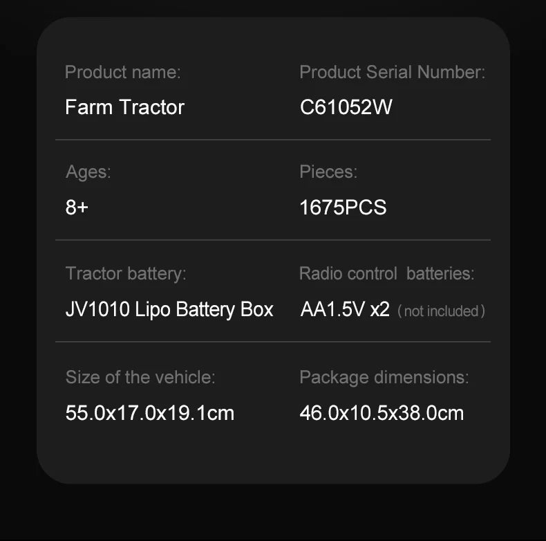 CaDA Master Farm Tractor - Multi Function RC Control - 1:17 1675 Pieces Brick Model Kit C61052W