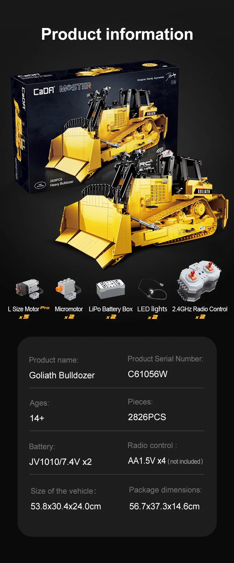 CaDA Master Goliath Heavy Bulldozer - RC Control - 1:16 2826 Pieces Brick Model Kit C61056W