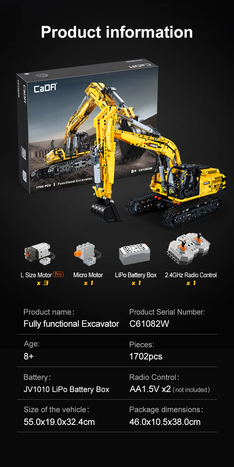 CaDA Excavator - Full Function 1702 Pieces Brick Model Kit C61082W