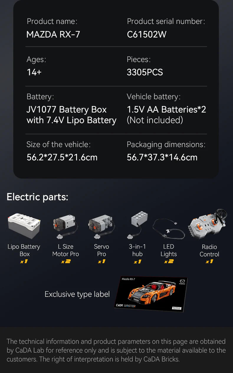 CaDA Master Mazda RX-7 - RC Control - 1:8 3305 Pieces Brick Model Kit C61502W