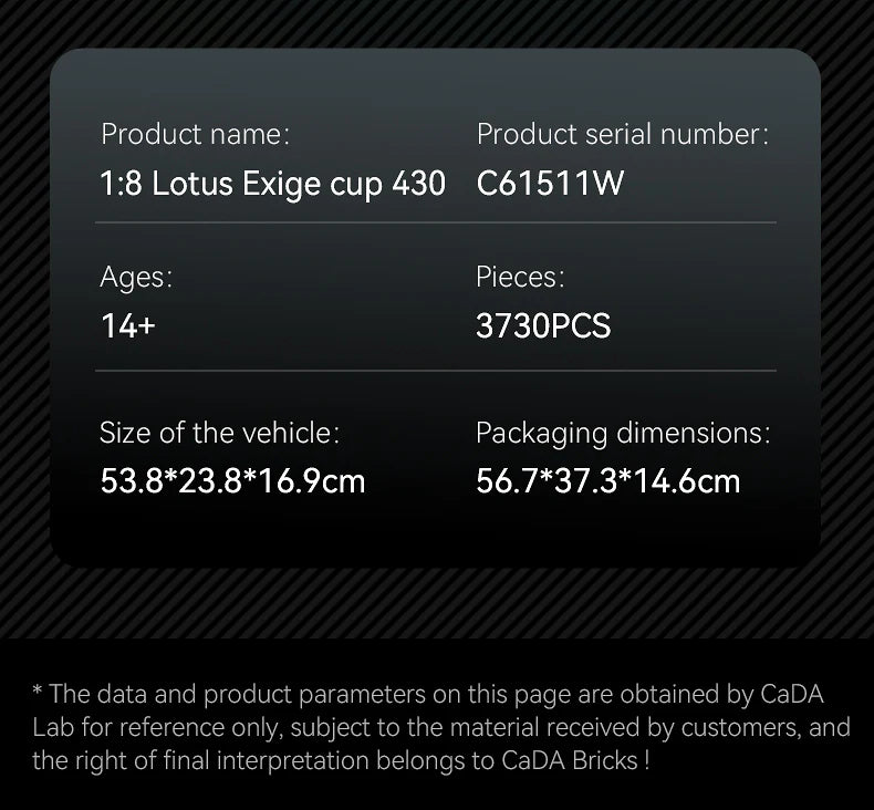 CaDA Master Lotus Exige Cup 430 1:8 3730 Pieces Brick Model Kit C61511W