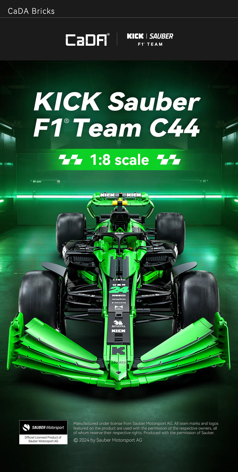 CaDA Kick Sauber F1 Team C44 (2024) 1:8 2553 Pieces Brick Model Kit C64010W