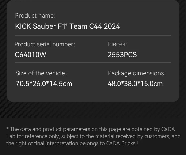CaDA Kick Sauber F1 Team C44 (2024) 1:8 2553 Pieces Brick Model Kit C64010W