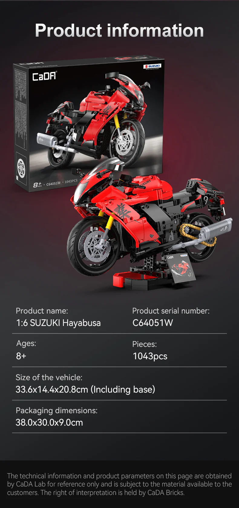 CaDA Suzuki Hayabusa Motorbike 1:6 1043 Pieces Brick Model Kit C64051W