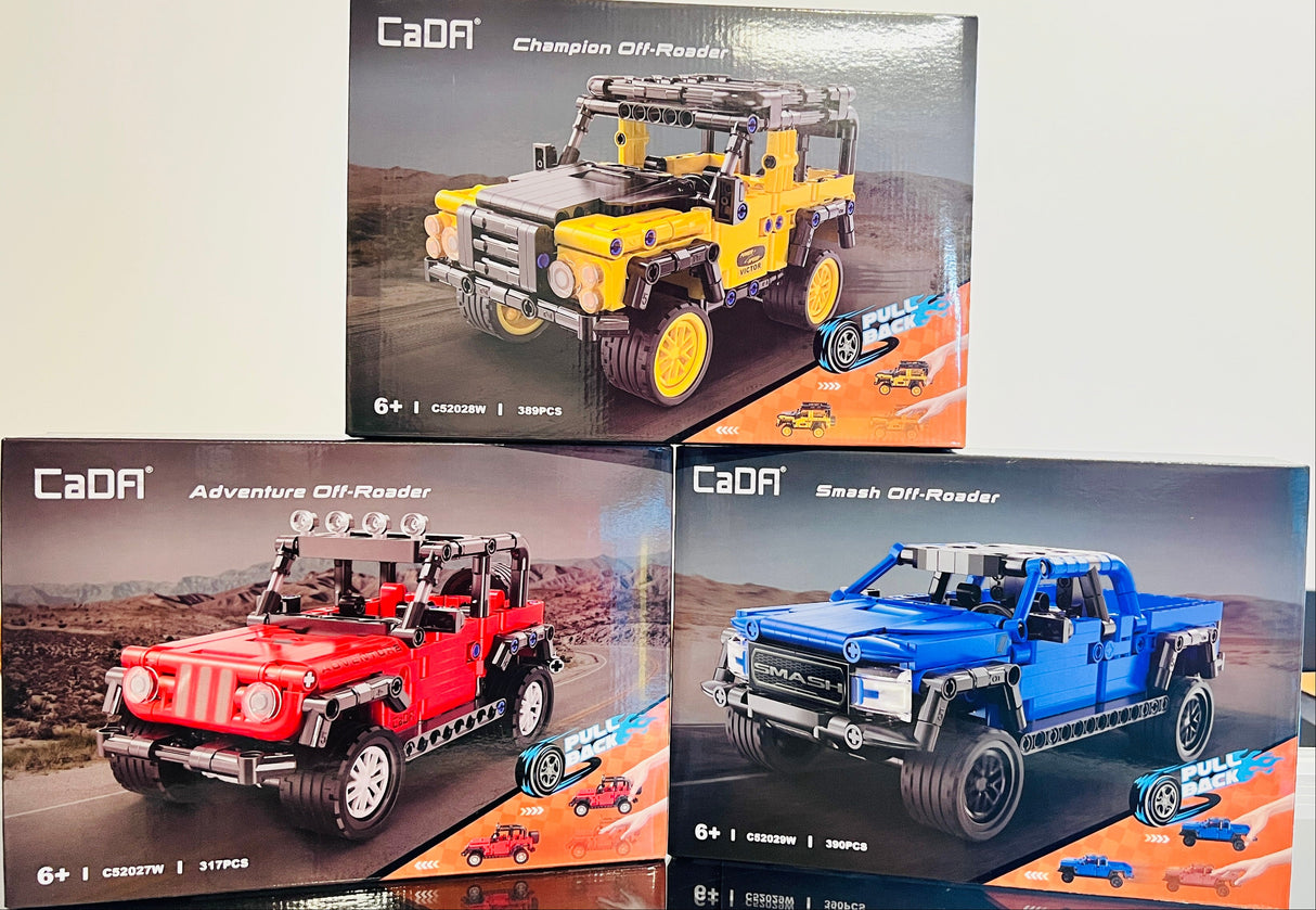 CaDA 4x4 Off Roaders with Pull Back Motor - Bundle Pack of 3 - 1:18 Brick Model Kits
