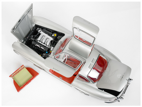 Top down view showing both doors, bonnet & boot lid open with picnic equipment outside.