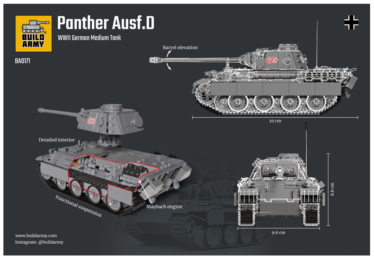 Build Army WW2 Panther Ausf D - German Medium Tank - 1:33 Scale 940 Pieces - BA0171