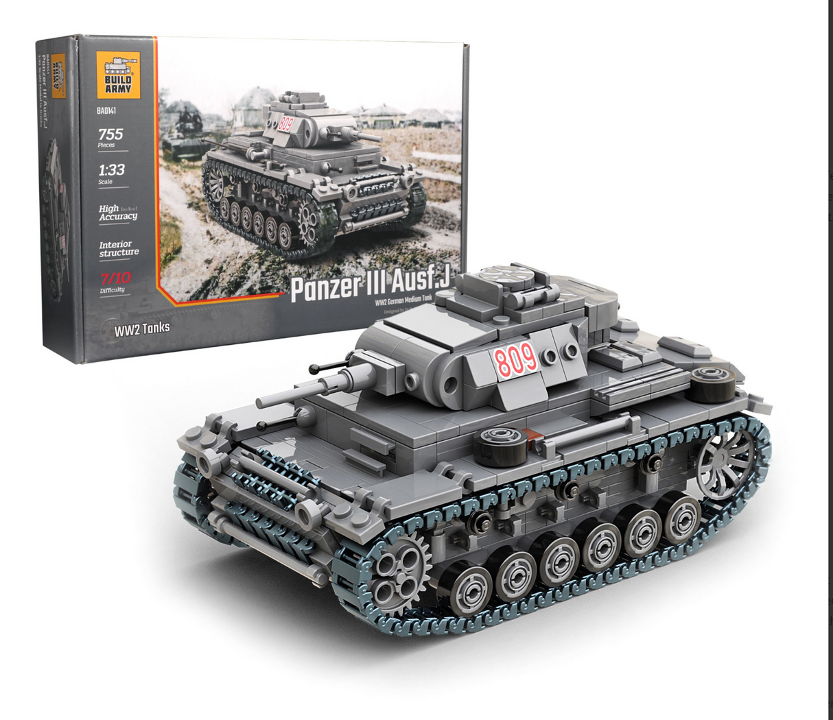 Build Army WW2 Panzer III Ausf J - German Medium Tank - 1:33 Scale 755 Pieces - BA0141
