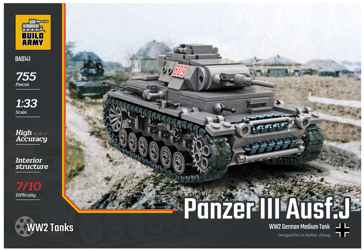 Build Army WW2 Panzer III Ausf J - German Medium Tank - 1:33 Scale 755 Pieces - BA0141