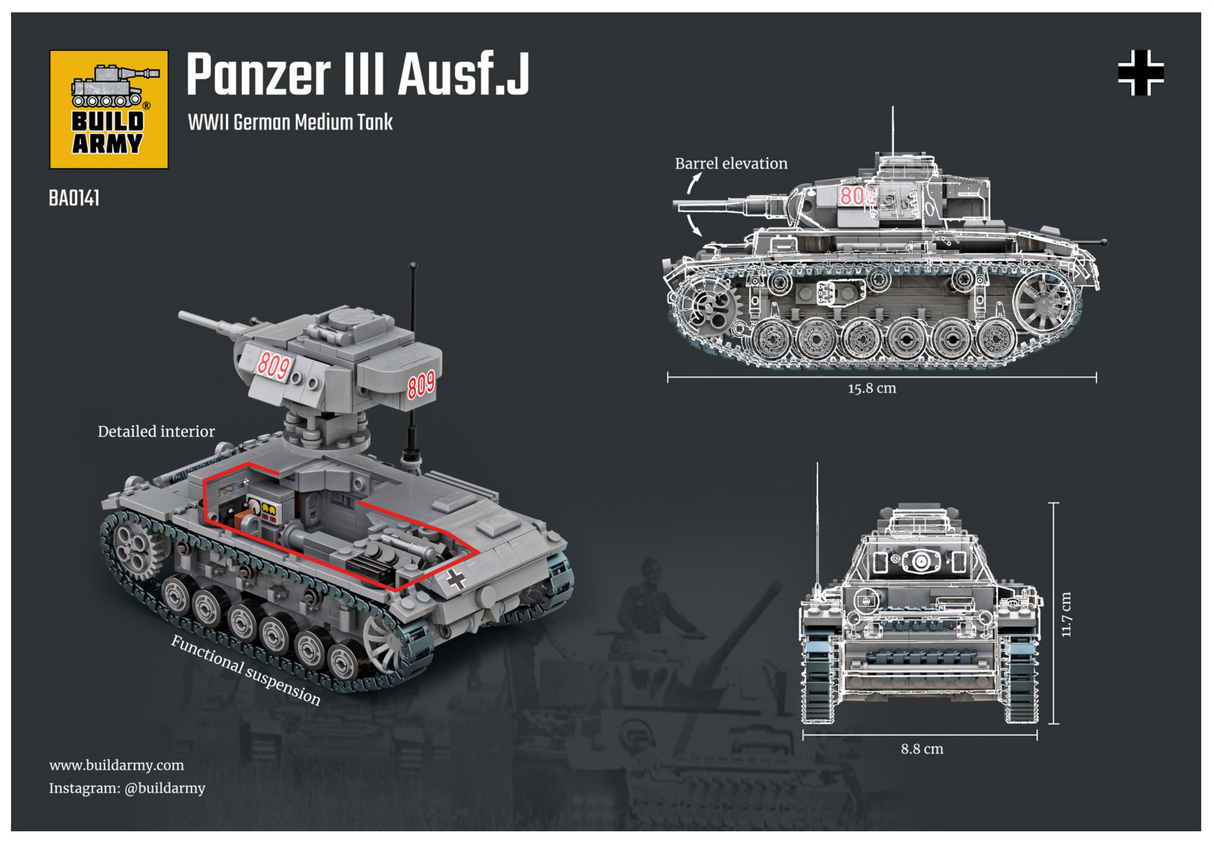 Build Army WW2 Panzer III Ausf J - German Medium Tank - 1:33 Scale 755 Pieces - BA0141