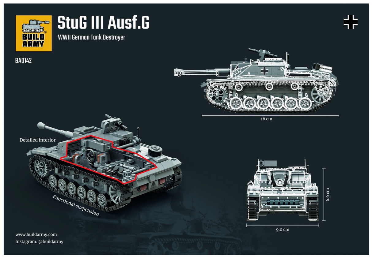 Build Army WW2 StuG lll Ausf. G - German Tank Destroyer - 1:33 Scale 660 Pieces - BA0142