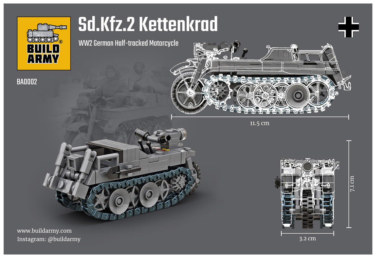 Build Army WW2 Kettenkrad - German Half Tracked Motorcycle - 1:31 Scale 89 Pieces - BA0002