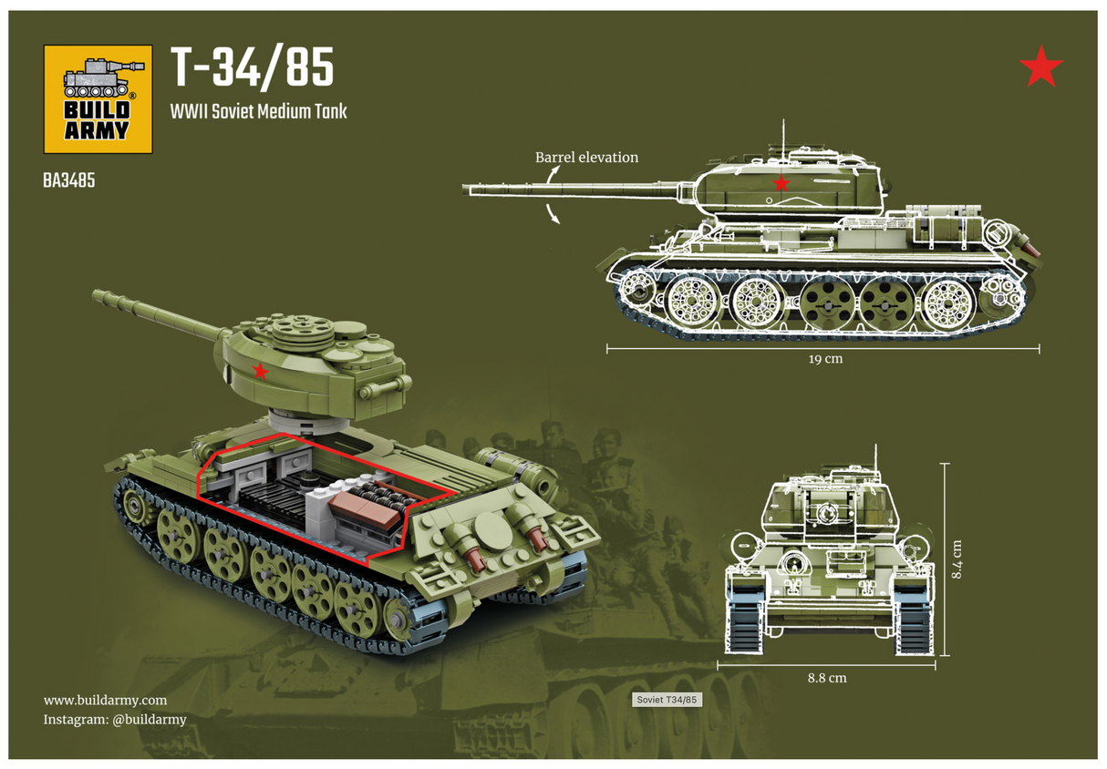 Build Army WW2 T34/85 - Soviet Medium Tank - 1:33 Scale 735 Pieces - BA3485