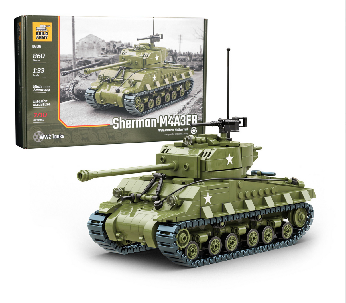 Build Army WW2 Sherman M4A3E8 Easy8 - American Medium Tank - 1:33 Scale 860 Pieces - BA1002