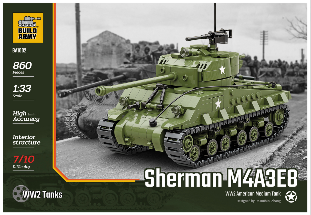 Build Army WW2 Sherman M4A3E8 Easy8 - American Medium Tank - 1:33 Scale 860 Pieces - BA1002