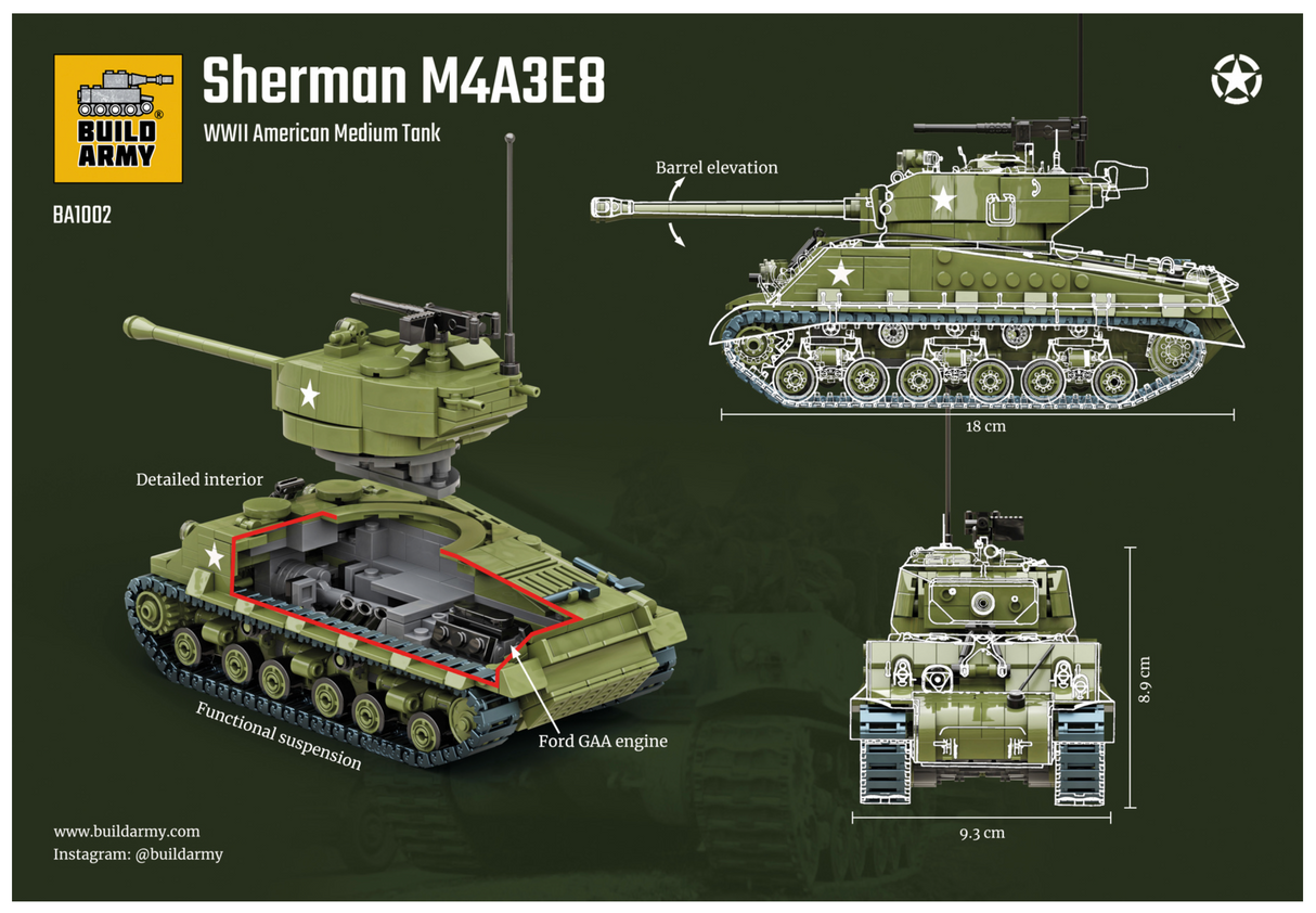 Build Army WW2 Sherman M4A3E8 Easy8 - American Medium Tank - 1:33 Scale 860 Pieces - BA1002