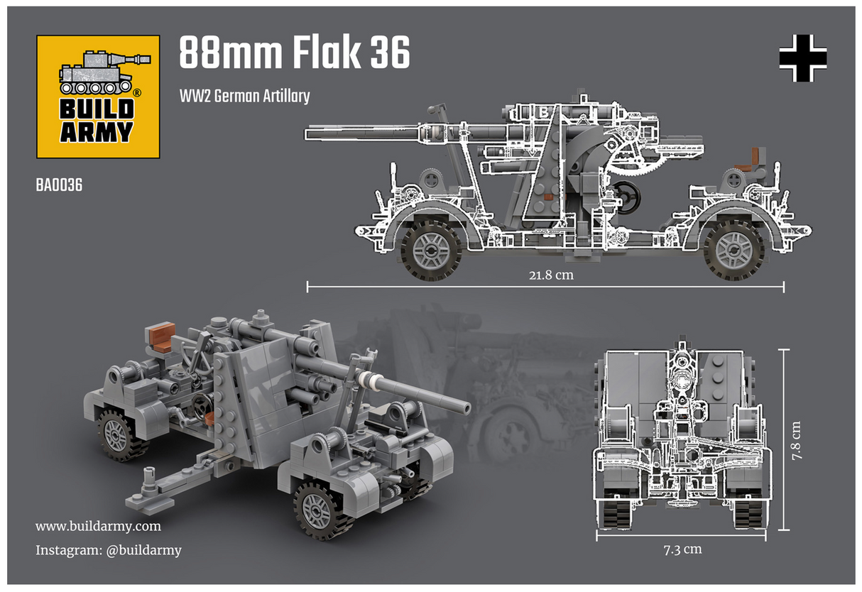 Build Army WW2 88mm Flak 36 - German Artillery - 1:33 Scale 355 Pieces - BA0036