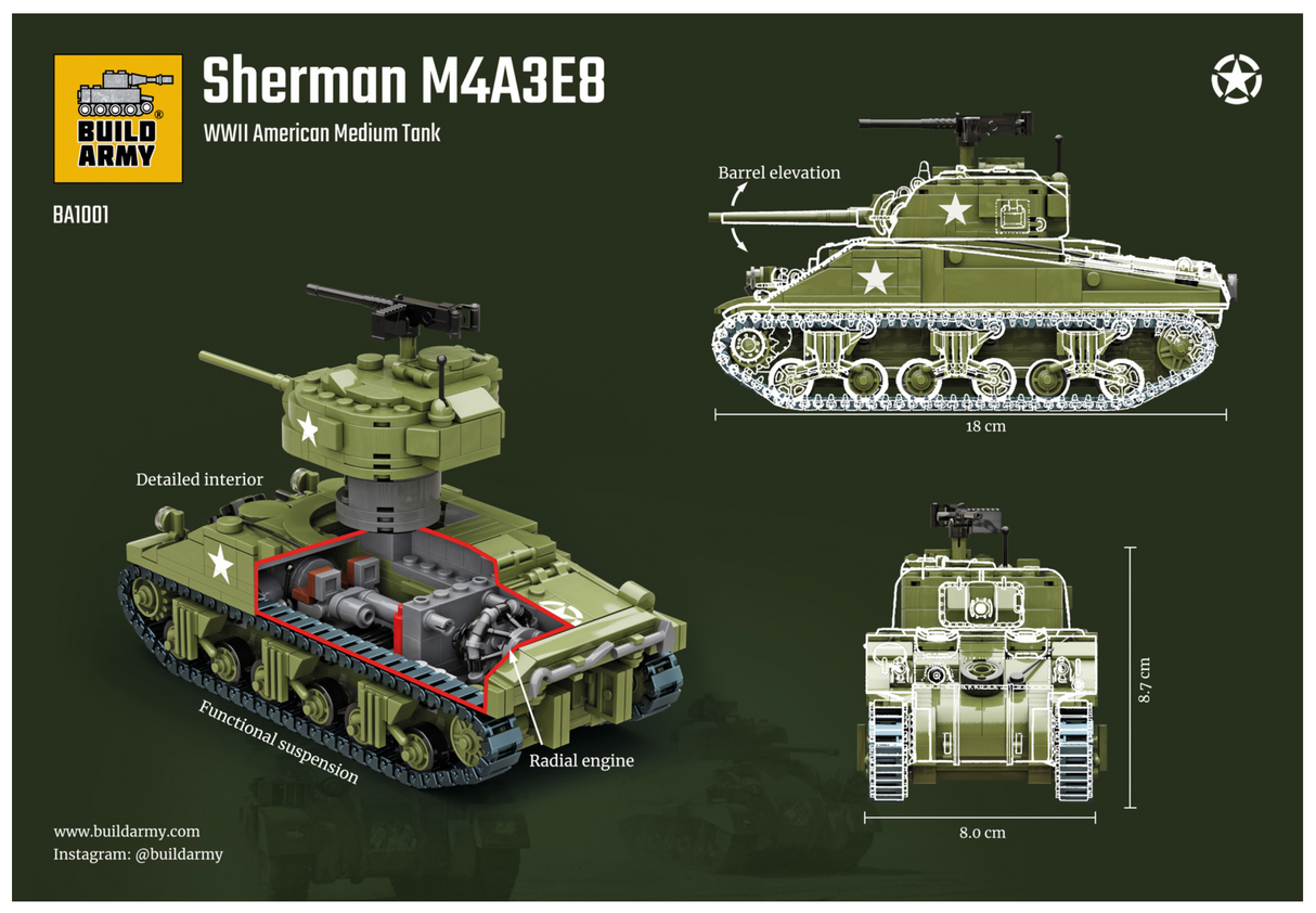 Build Army WW2 M4 Sherman - American Medium Tank - 1:33 Scale 785 Pieces - BA1001