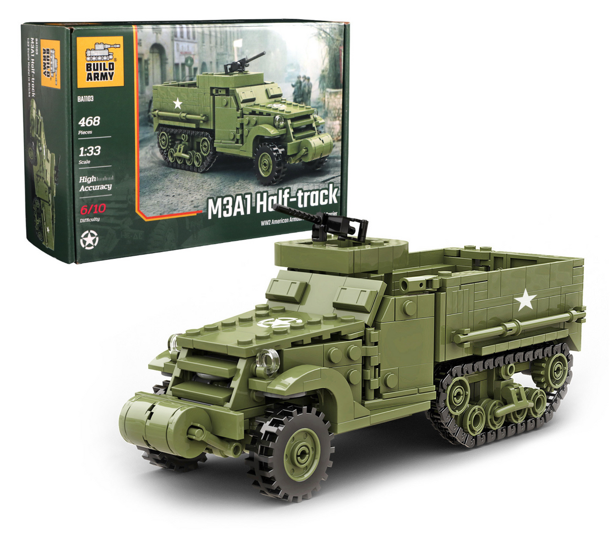 Build Army WW2 M3A1 Half-Track APC - American Armoured Personnel Carrier - 1:33 Scale 468 Pieces - BA1103