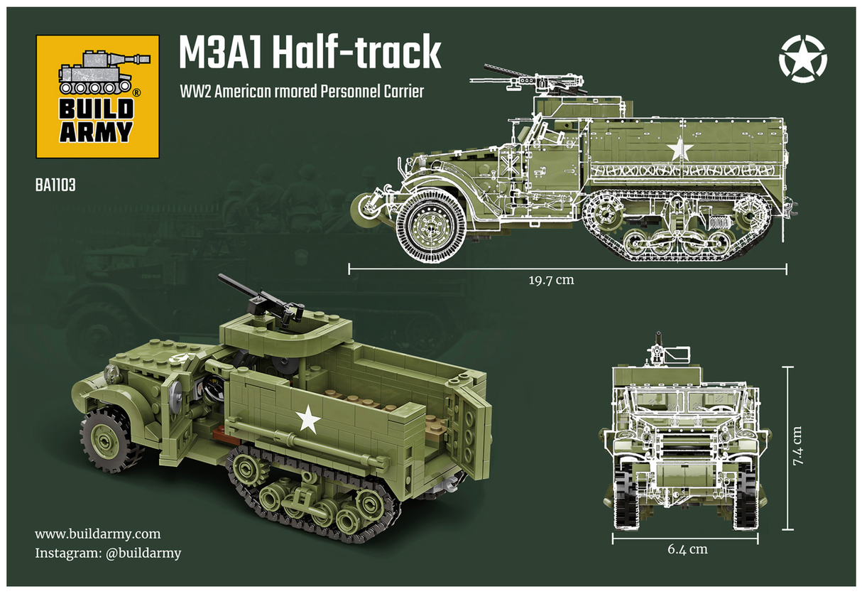 Build Army WW2 M3A1 Half-Track APC - American Armoured Personnel Carrier - 1:33 Scale 468 Pieces - BA1103