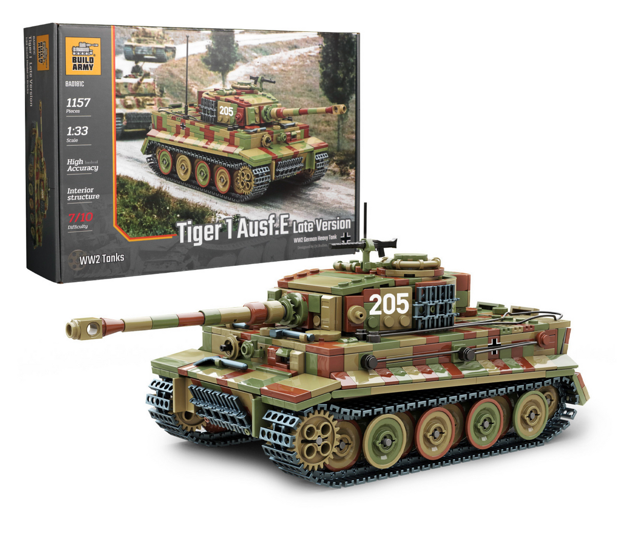 Build Army WW2 Tiger 1 Ausf.E Late Version - German Heavy Tank - 1:33 Scale 1157 Pieces - BA0181C