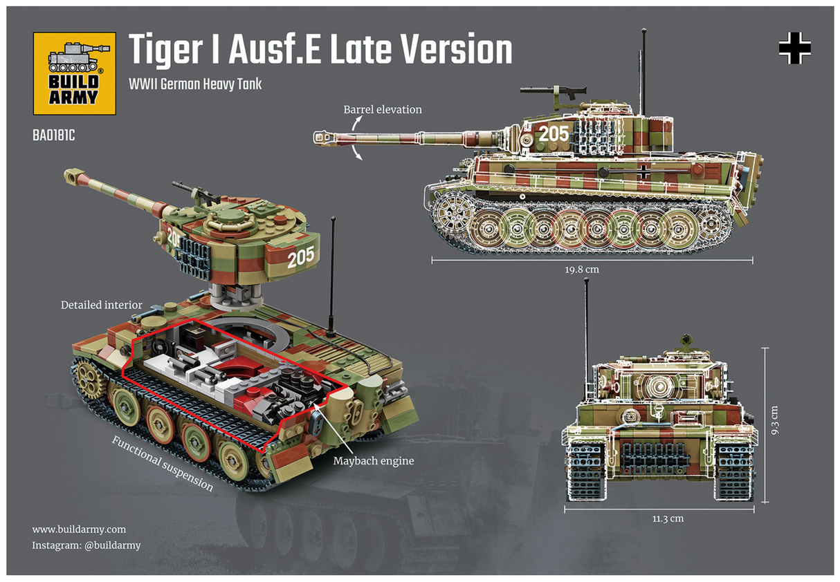 Build Army WW2 Tiger 1 Ausf.E Late Version - German Heavy Tank - 1:33 Scale 1157 Pieces - BA0181C