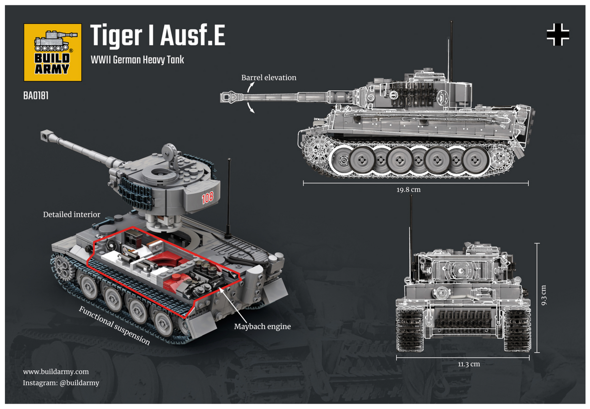 Build Army WW2 Tiger 1 Ausf.E - German Heavy Tank - 1:33 Scale 1157 Pieces - BA0181