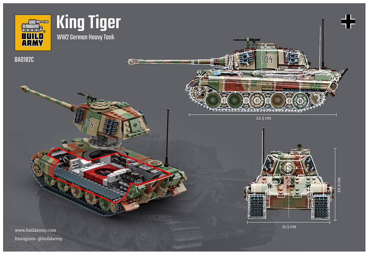 Build Army WW2 King Tiger (Tiger ll) In Camo - German Heavy Tank - 1:33 Scale 1145 Pieces - BA0182C