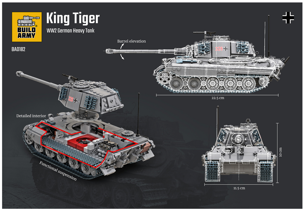 Build Army WW2 King Tiger (Tiger ll) Grey - German Heavy Tank - 1:33 Scale 1145 Pieces - BA0182