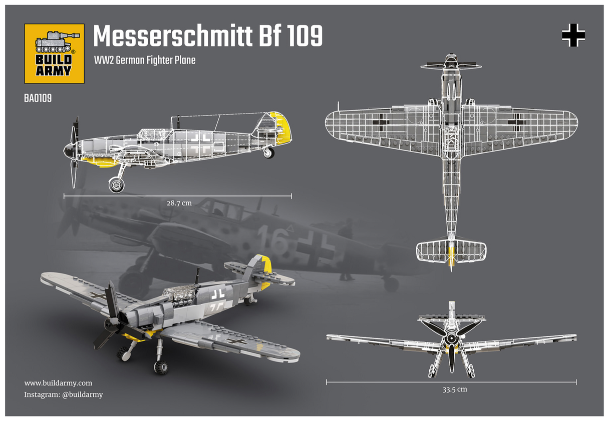 Build Army WW2 Messerschmitt Bf 109 - German Fighter Plane - 1:30 Scale 375 Pieces - BA0109