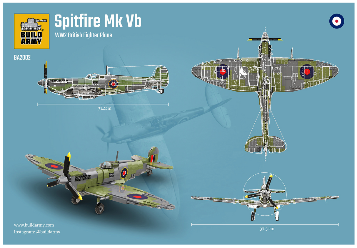 Build Army WW2 Supermarine Spitfire Mk Vb - British Fighter Plane - 1:30 Scale 500 Pieces - BA2002