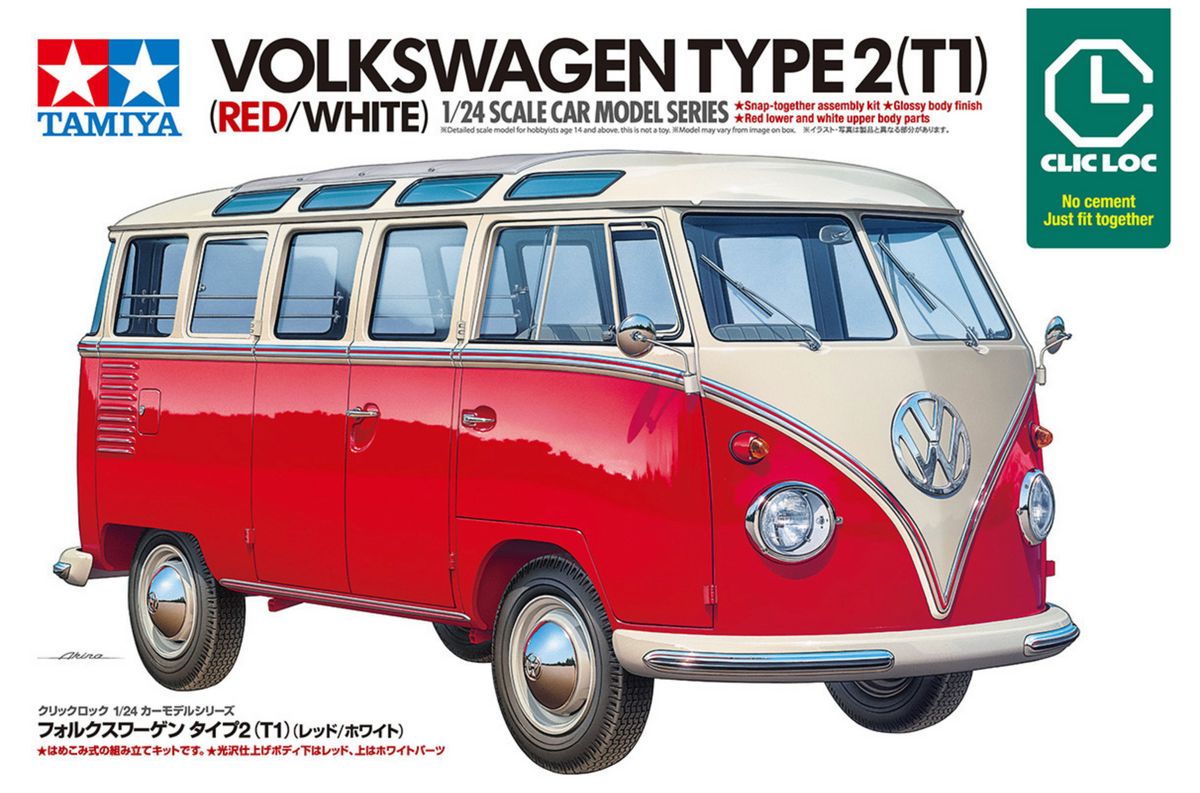 Tamiya Volkswagen Type 2 (T1) Red & White (Clic Loc) 1/24 Plastic Model Kit - Item #28101