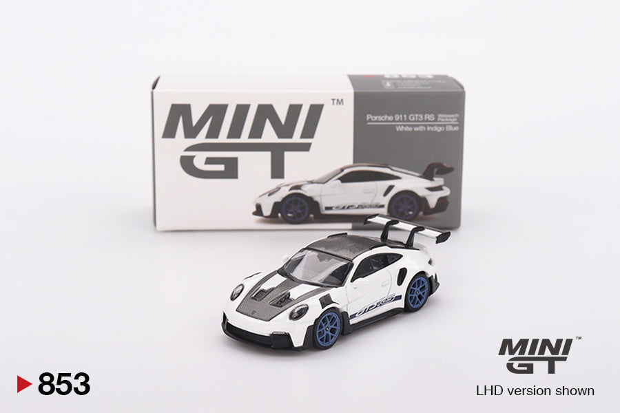 Mini GT Porsche 911 (992) GT3 RS Weissach Package White with Indigo RHD 1:64 - MGT00853-R
