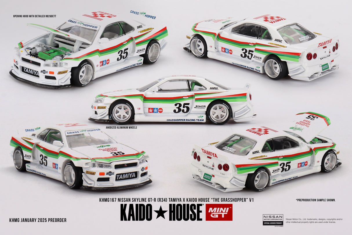 Mini GT Kaido House Nissan Skyline GT-R (R34) TAMIYA x KAIDO HOUSE "The GRASSHOPPER" V1 1:64 - KHMG167