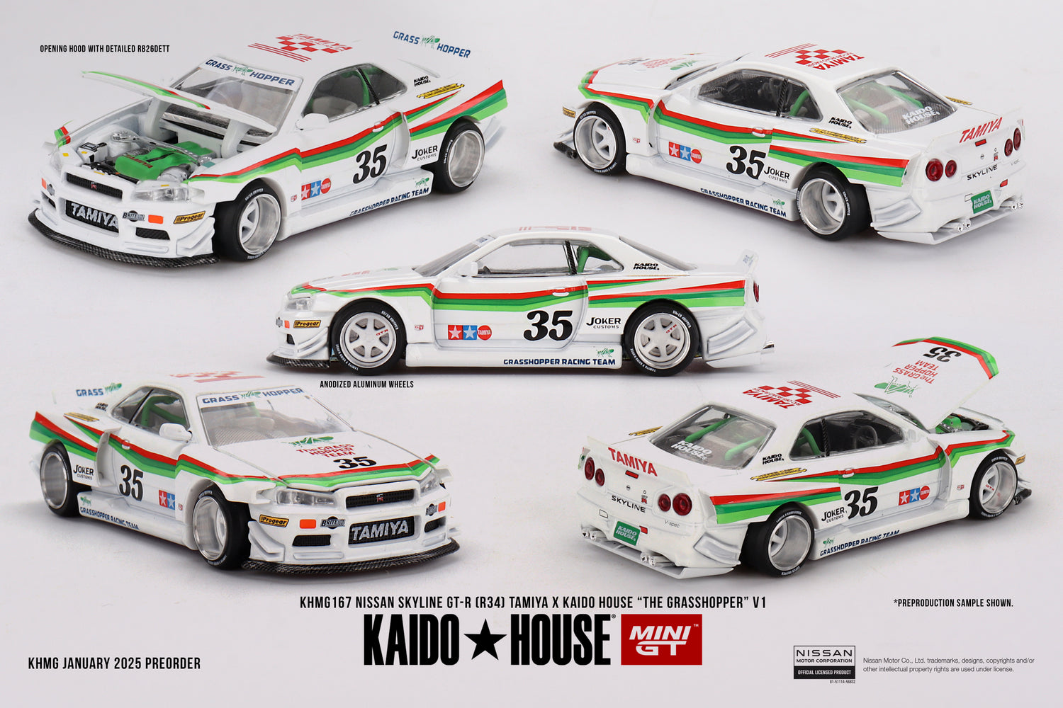 Mini GT Kaido House Nissan Skyline GT-R (R34) TAMIYA x KAIDO HOUSE "The GRASSHOPPER" V1 1:64 - KHMG167