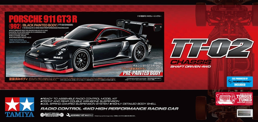 Tamiya RC Porsche 911 GT3 R (992) - TT-02 - Limited Edition with Black Painted Body - Item #47512